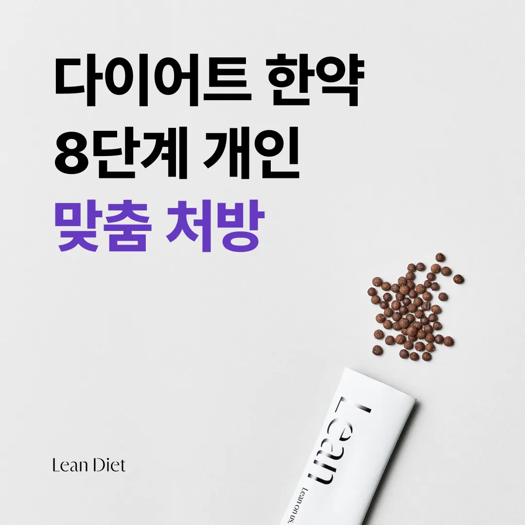 회색 바탕에 다이어트 한약 8단계 개인 맞춤 처방이라고 적혀 있고 오른쪽 아래에 갈색 환약이 흩어져 있다